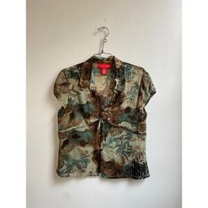 Y2K Brown / Teal Printed Short Sleeve Semi Sheer Blouse